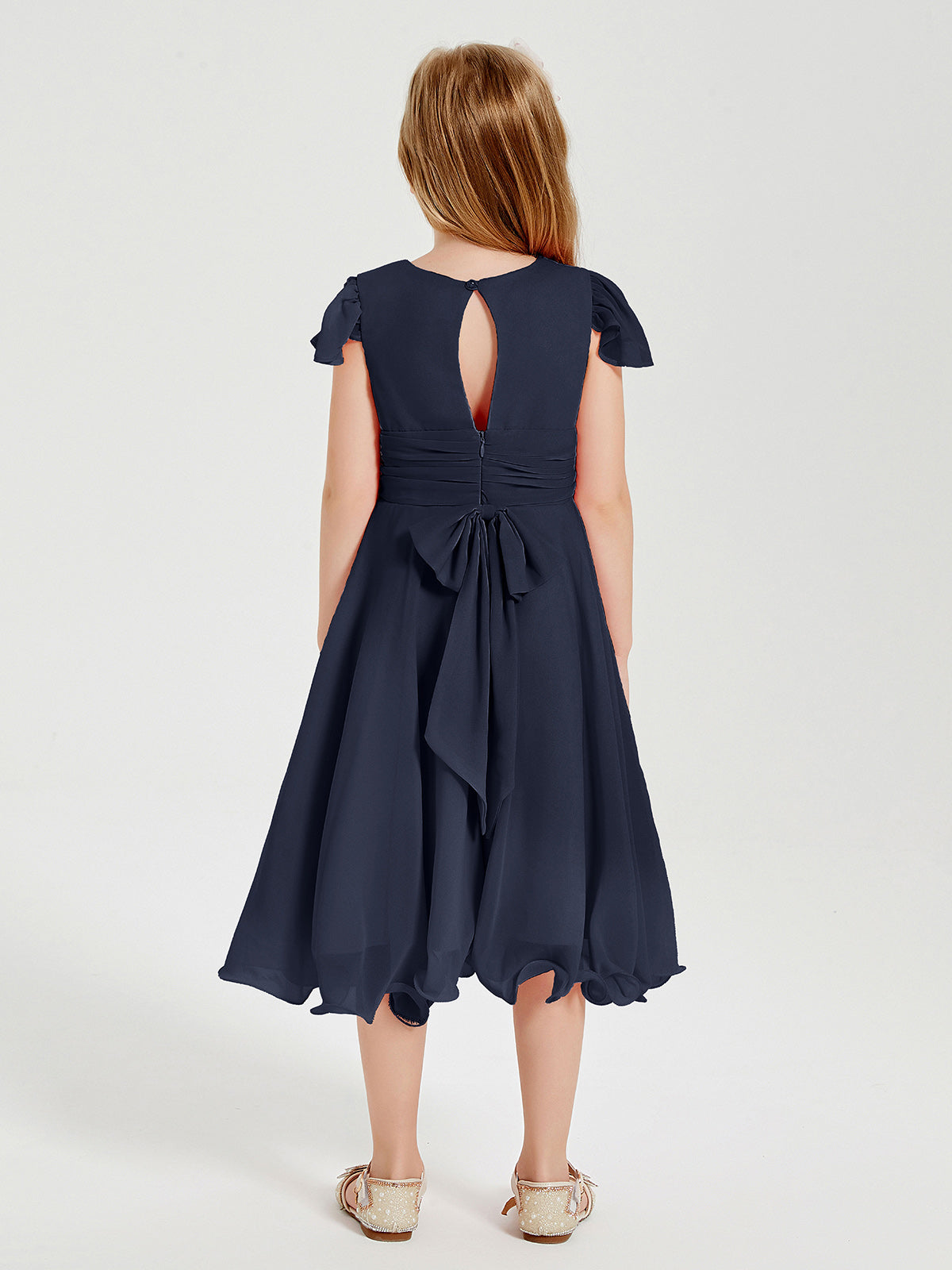 Chiffon Tea Length Junior Bridesmaid Dresses Dark Navy